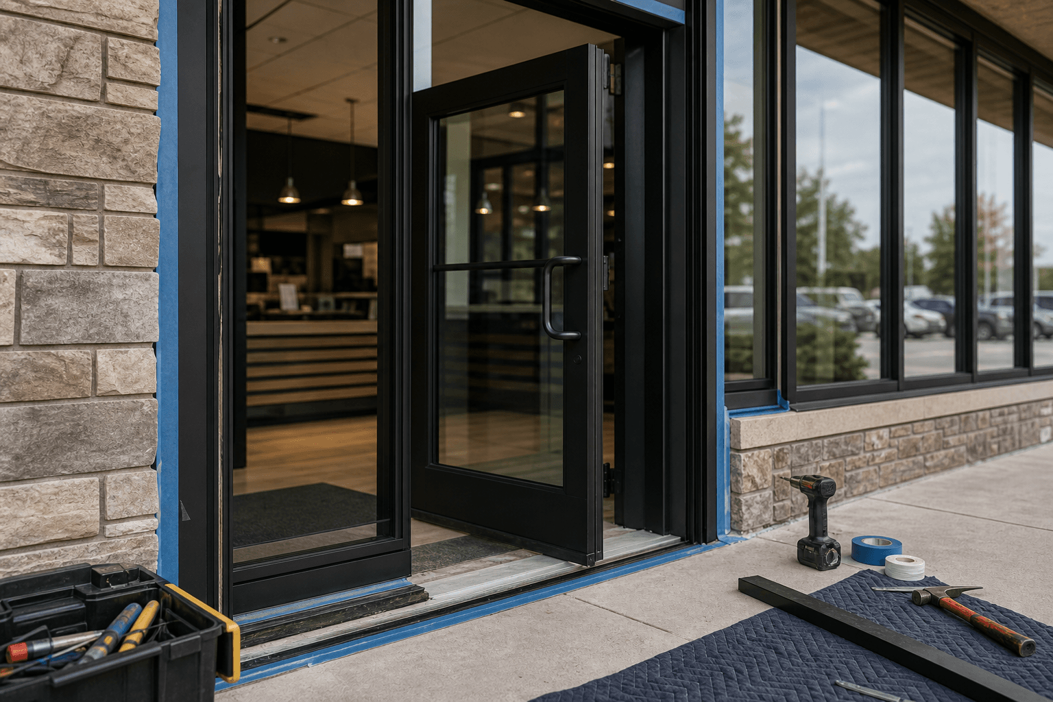 Commercial storefront door and window repair in progress