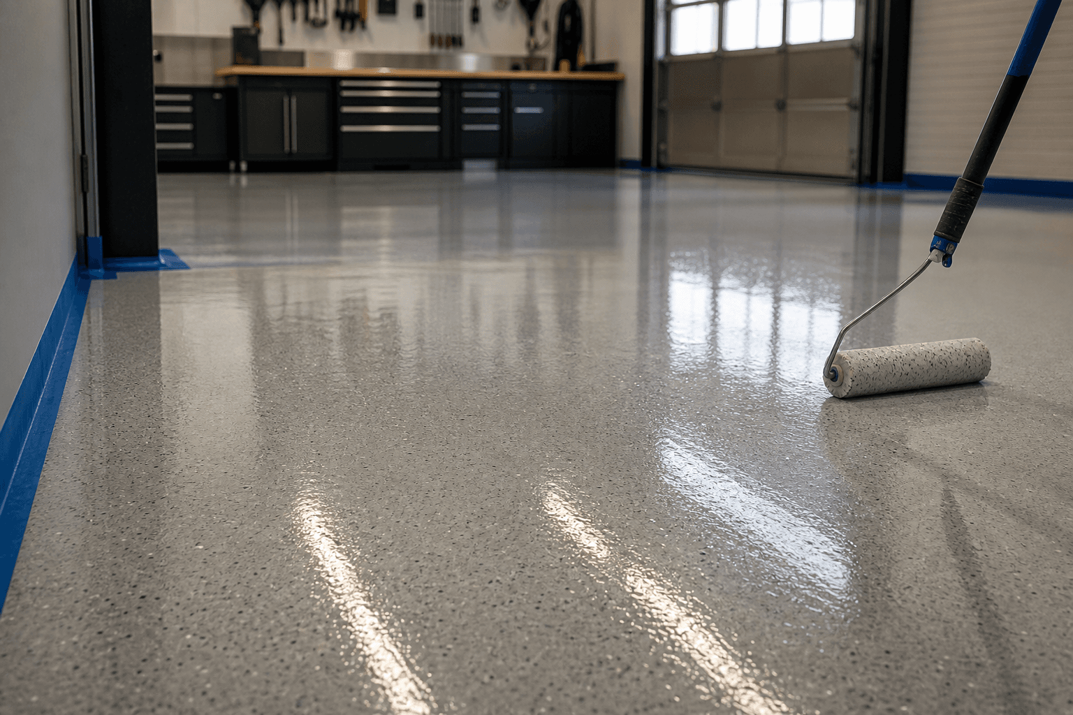 Commercial epoxy floor coating in a shop workspace